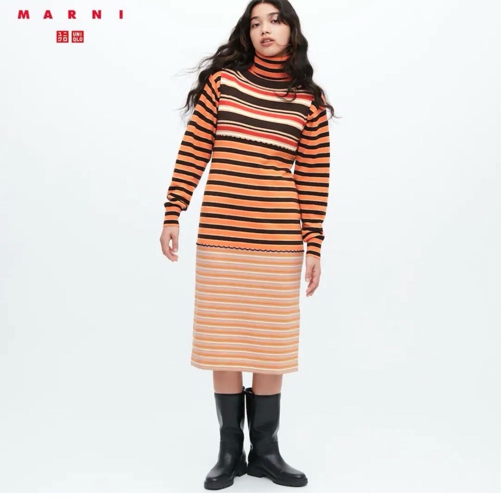 Marni x Uniqlo Orange, Black & Cream Striped sleeveless Midi Dress